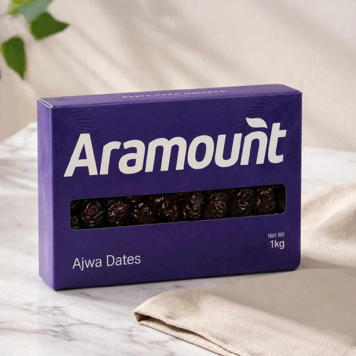 Aramount Ajwa Dates 1kg retail packaging box displaying premium original Ajwa Khajoor from Madinah Saudi Arabia