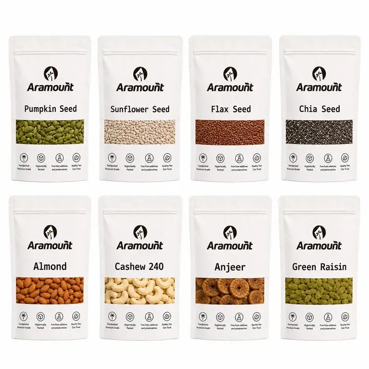 Seed & Nuts Combo - Premium Pumpkin Seeds, Sunflower Seeds, Flax Seeds, Chia Seeds, Almonds, Cashews, Figs & Green Raisins 250g Each